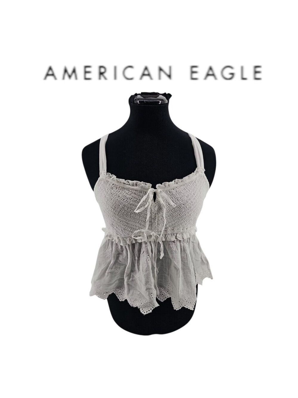 American Eagle White Smocked Babydoll Top Eyelet Ruffle Boho Tank